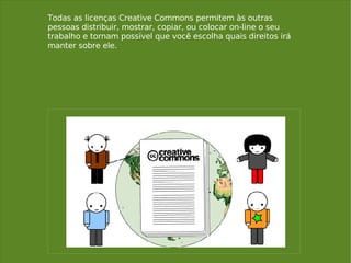 Todas as licenças Creative Commons permitem às outras pessoas distribuir, mostrar, copiar, ou colocar on-line o seu trabalho e tornam possível que você escolha quais direitos irá manter sobre ele. 