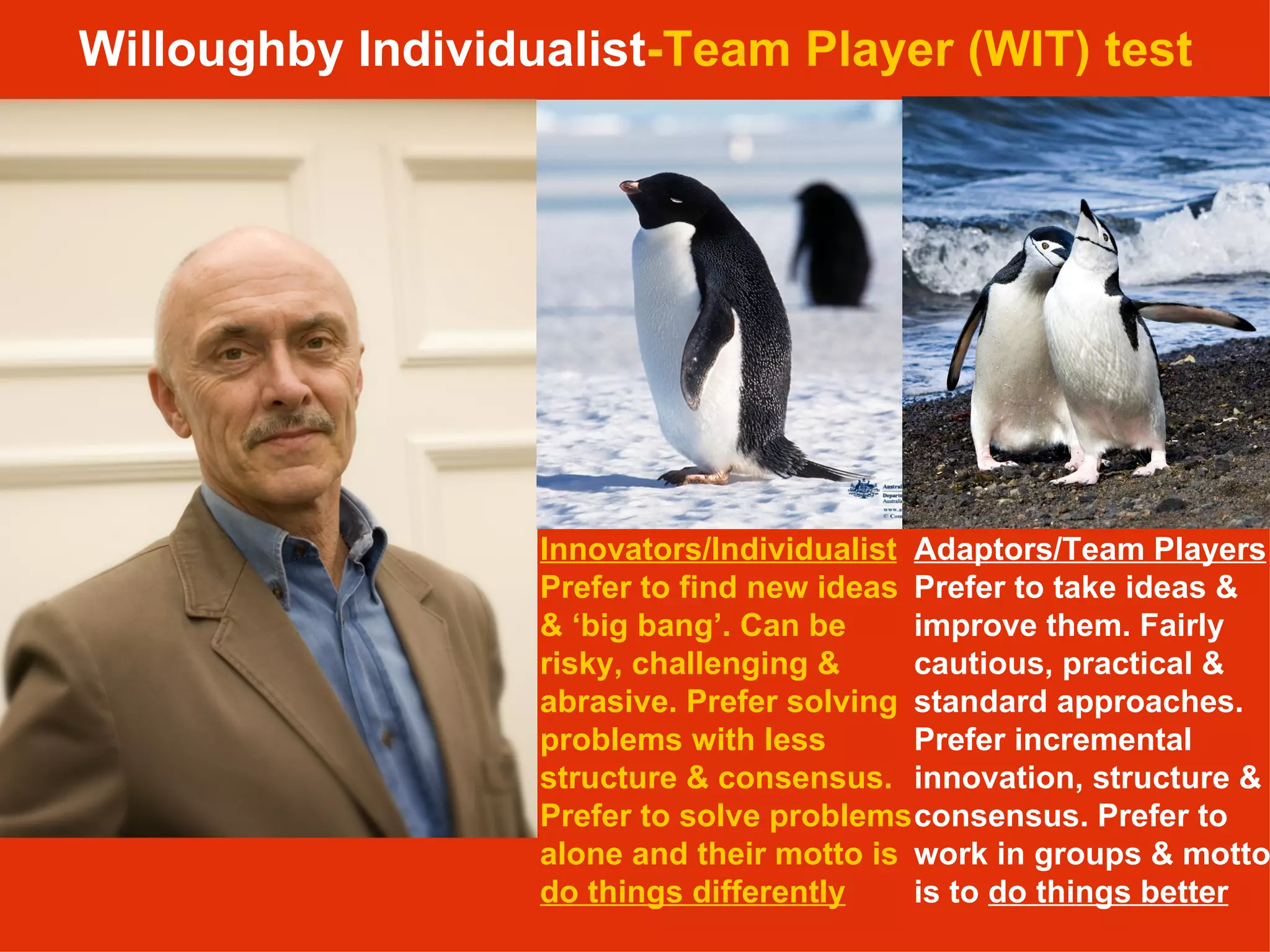 Willoughby   Individualist -Team Player (WIT) test Adaptors/Team Players  Prefer to take ideas & improve them. Fairly cautious, practical & standard approaches. Prefer incremental innovation, structure & consensus. Prefer to work in groups & motto is to  do things better   Innovators/Individualist  Prefer to find new ideas & ‘big bang’. Can be risky, challenging & abrasive. Prefer solving problems with less structure & consensus. Prefer to solve problems alone and their motto is  do things differently 