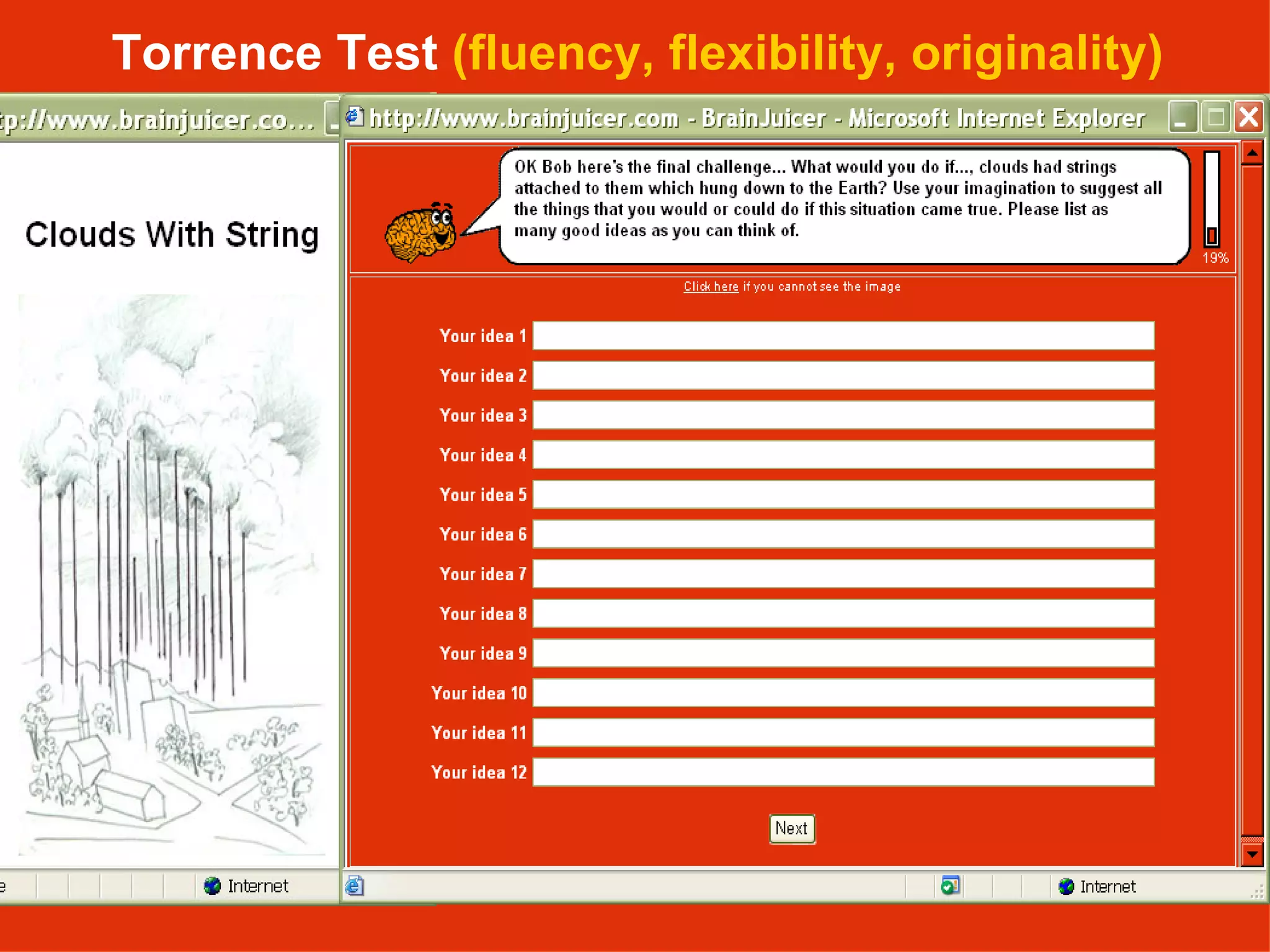 Torrence Test  (fluency, flexibility, originality) 