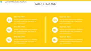 LATAR BELAKANG
Laporan Aktualisasi, Halaman 1
You can simply impress your audience
and add a unique zing and appeal to
your Presentations.
Your Text Here
You can simply impress your audience
and add a unique zing and appeal to
your Presentations.
Your Text Here
You can simply impress your audience
and add a unique zing and appeal to
your Presentations.
Your Text Here
You can simply impress your audience
and add a unique zing and appeal to
your Presentations.
Your Text Here
You can simply impress your audience
and add a unique zing and appeal to
your Presentations.
Your Text Here
You can simply impress your audience
and add a unique zing and appeal to
your Presentations.
Your Text Here
01
02
03
04
05
06
 