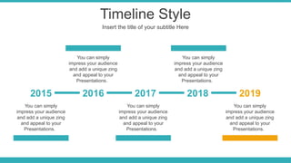 Timeline Style
Insert the title of your subtitle Here
2015 2016 2017 2018 2019
You can simply
impress your audience
and add a unique zing
and appeal to your
Presentations.
You can simply
impress your audience
and add a unique zing
and appeal to your
Presentations.
You can simply
impress your audience
and add a unique zing
and appeal to your
Presentations.
You can simply
impress your audience
and add a unique zing
and appeal to your
Presentations.
You can simply
impress your audience
and add a unique zing
and appeal to your
Presentations.
 