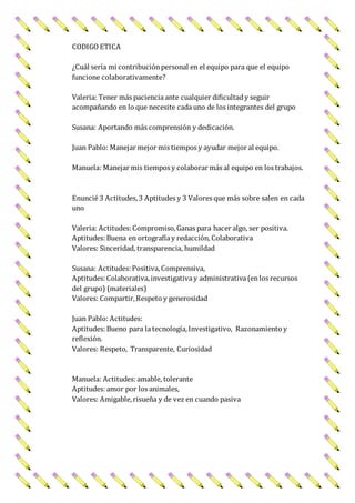CODIGO ETICA
¿Cuál sería mi contribuciónpersonal en el equipo para que el equipo
funcione colaborativamente?
Valeria: Tener más paciencia ante cualquier dificultady seguir
acompañando en lo que necesite cada uno de los integrantes del grupo
Susana: Aportando más comprensión y dedicación.
Juan Pablo: Manejar mejor mis tiempos y ayudar mejor al equipo.
Manuela: Manejar mis tiempos y colaborar más al equipo en los trabajos.
Enuncié 3 Actitudes,3 Aptitudes y 3 Valores que más sobre salen en cada
uno
Valeria: Actitudes:Compromiso,Ganas para hacer algo, ser positiva.
Aptitudes:Buena en ortografía y redacción, Colaborativa
Valores: Sinceridad, transparencia, humildad
Susana: Actitudes:Positiva,Comprensiva,
Aptitudes:Colaborativa,investigativa y administrativa (enlos recursos
del grupo) (materiales)
Valores: Compartir,Respeto y generosidad
Juan Pablo: Actitudes:
Aptitudes: Bueno para la tecnología,Investigativo, Razonamiento y
reflexión.
Valores: Respeto, Transparente, Curiosidad
Manuela: Actitudes: amable, tolerante
Aptitudes: amor por los animales,
Valores: Amigable,risueña y de vez en cuando pasiva
 