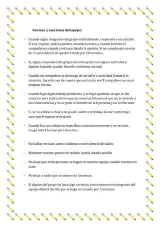 Normas y sanciones del equipo:
- Cuando algún integrante del grupo esté hablando, respetarlo y escucharlo.
Si voy a opinar, pido la palabra alzando la mano y cuando termine el
compañero ya puede continuar dando la opinión. Si no cumple esto en más
de 3 casos deberá de quedar vetado por 10 minutos.
- Si, algún compañero del grupo necesita ayuda conalguna actividady
alguien le puede ayudar, hacerlo conbuena actitud.
- Cuando un compañero se distraiga de un taller o actividad,llamarle la
atención, hacerle caer de cuenta que está mal y ese X compañero no sacar
ninguna excusa.
- Cuando haya algún trabajo pendiente, y se haya quedado en que se iba
conectar para realizarlo los que se conectanlo hacenel que no, se atiende a
las consecuencias y no se pone el nombre de la X persona y no recibe nota
- Si, se va a faltar a clase o no puede asistir a X trabajo avisar contiempo,
para que el equipo se preparé.
- Cuando hay un trabajo en específico,concentrarse en ese y no en otro,
Luego habrá tiempo para hacerlos.
- No hablar en clase,antes colaborar conel silencio del salón.
- Mantener nuestro puesto de trabajo lo más aseado posible
- No dejar que otras personas se hagan en nuestro equipo cuando estemos en
clase
- No dejar a nadie que se sienten en las mesas.
- Si alguiendel grupo no hace algo correcto,como mecerse unintegrante del
equipo deberá decirle que se haga en el suelo por 5 minutos.
 