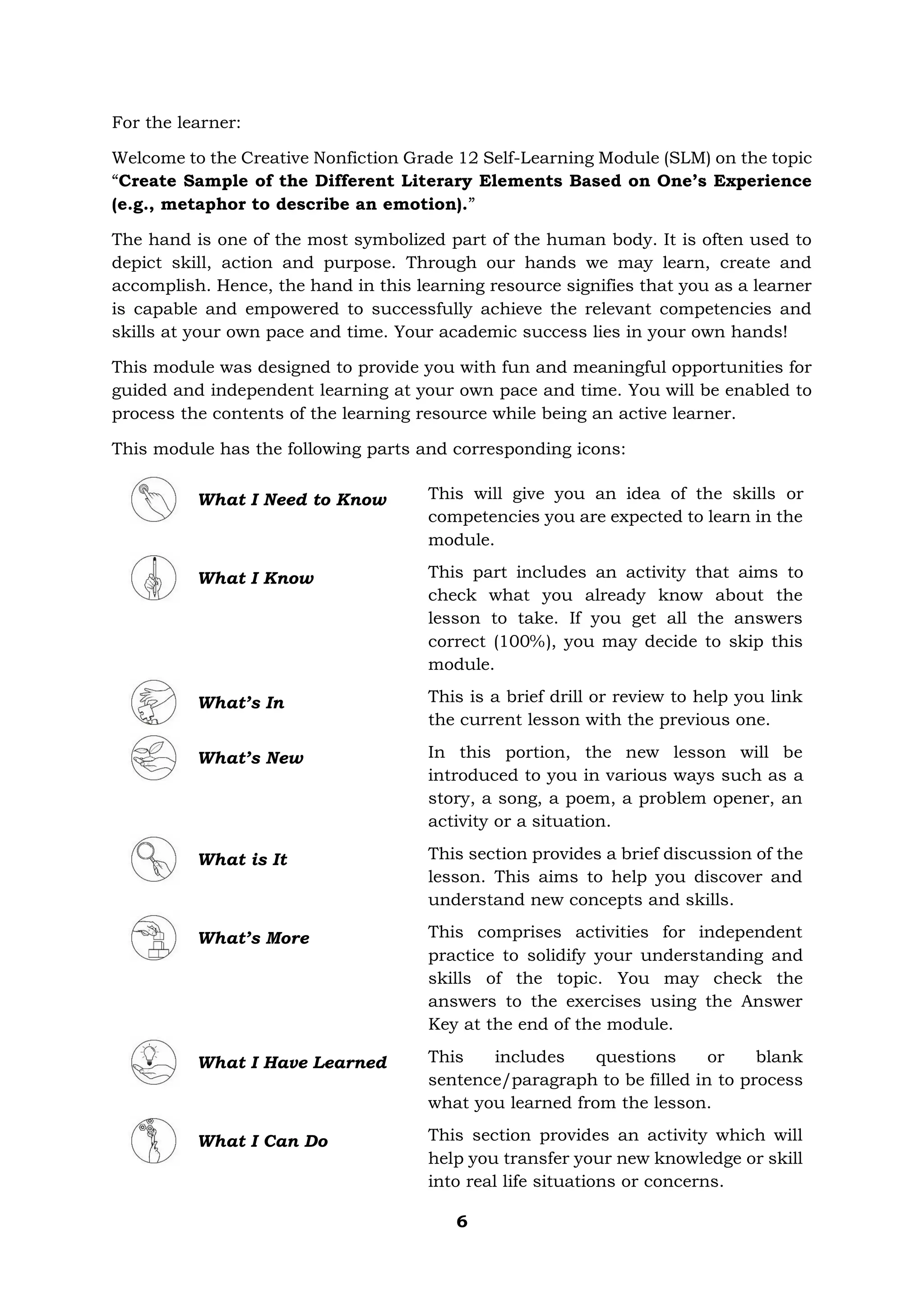 6
For the learner:
Welcome to the Creative Nonfiction Grade 12 Self-Learning Module (SLM) on the topic
“Create Sample of the Different Literary Elements Based on One’s Experience
(e.g., metaphor to describe an emotion).”
The hand is one of the most symbolized part of the human body. It is often used to
depict skill, action and purpose. Through our hands we may learn, create and
accomplish. Hence, the hand in this learning resource signifies that you as a learner
is capable and empowered to successfully achieve the relevant competencies and
skills at your own pace and time. Your academic success lies in your own hands!
This module was designed to provide you with fun and meaningful opportunities for
guided and independent learning at your own pace and time. You will be enabled to
process the contents of the learning resource while being an active learner.
This module has the following parts and corresponding icons:
What I Need to Know This will give you an idea of the skills or
competencies you are expected to learn in the
module.
What I Know This part includes an activity that aims to
check what you already know about the
lesson to take. If you get all the answers
correct (100%), you may decide to skip this
module.
What’s In This is a brief drill or review to help you link
the current lesson with the previous one.
What’s New In this portion, the new lesson will be
introduced to you in various ways such as a
story, a song, a poem, a problem opener, an
activity or a situation.
What is It This section provides a brief discussion of the
lesson. This aims to help you discover and
understand new concepts and skills.
What’s More This comprises activities for independent
practice to solidify your understanding and
skills of the topic. You may check the
answers to the exercises using the Answer
Key at the end of the module.
What I Have Learned This includes questions or blank
sentence/paragraph to be filled in to process
what you learned from the lesson.
What I Can Do This section provides an activity which will
help you transfer your new knowledge or skill
into real life situations or concerns.
 