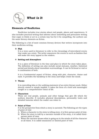 12
What is It
Elements of Nonfiction
Nonfiction includes true stories about real people, places and experiences. It
also includes practical writing that informs about something and persuasive writing
that urges to think or act in a certain way but for it be compelling, the authors use
the same literary elements as fiction.
The following is a list of most common literary devices that writers incorporate into
their nonfiction writing.
❖ Plot
It is a term used in literature to refer to the chronology of interrelated events
that make up a story. The writer sequences the events in such as fashion that
will make the story appeal to the readers.
❖ Setting and Atmosphere
It is a piece of literature is the time and place in which the story takes place.
The definition of setting can also include social statuses, weather, historical
period and details about immediate surroundings. It can be fictional or real or
a combination of both.
It is a fundamental aspect of fiction, along with plot, character, theme and
style. It provides the backdrop to the story and helps create the mood.
❖ Theme
It is controlling idea or the unifying statement of an entire literary work. Either
directly stated or simply implied, it takes the form of a brief and meaningful
insight or a comprehensive vision of life.
❖ Characters
These are real people, animals and other beings that give life which the
authors describe. It includes physical descriptions, personality traits and
detailed histories which the reader can relate to.
❖ Point of View
It is the perspective from which a story is narrated. The following are the types
of point of view
A. When a character in the story is telling story, it is first-person point of view.
B. When the story is told by a narrator outside of the story, it is called third-
person point of view.
C. When the narrator knows what is going on in the minds of all the character
at all times. It is called omniscient or limited point of view.
 