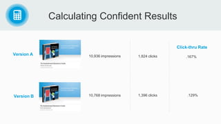 Calculating Confident Results
Version A
Version B
10,936 impressions
10,768 impressions 1,396 clicks
1,824 clicks .167%
Click-thru Rate
.129%
 
