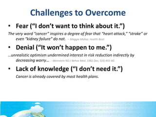 Challenges to Overcome
• Fear (“I don’t want to think about it.”)
The very word “cancer” inspires a degree of fear that “heart attack,” “stroke” or
even “kidney failure” do not. - Maggie Mahar, Health Beat
• Denial (“It won’t happen to me.”)
…unrealistic optimism undermined interest in risk reduction indirectly by
decreasing worry… - Weinstein ND.J Behav Med. 1982 Dec; 5(4):441-60.
• Lack of knowledge (“I don’t need it.”)
Cancer is already covered by most health plans.
 