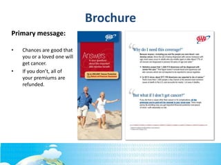 Brochure
Primary message:
• Chances are good that
you or a loved one will
get cancer.
• If you don’t, all of
your premiums are
refunded.
 