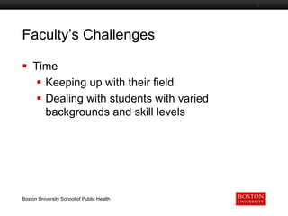 Faculty’s Challenges
Boston University Slideshow Title Goes Here

 Time
 Keeping up with their field
 Dealing with students with varied
backgrounds and skill levels

Boston University School of Public Health

 