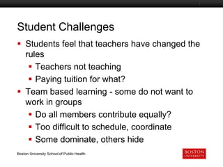 Student Challenges
 Students feel that teachers have changed the
rules
 Teachers not teaching
 Paying tuition for what?
 Team based learning - some do not want to
work in groups
 Do all members contribute equally?
 Too difficult to schedule, coordinate
 Some dominate, others hide
Boston University Slideshow Title Goes Here

Boston University School of Public Health

 
