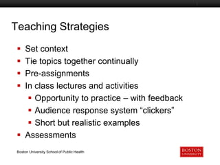 Teaching Strategies
Boston University Slideshow Title Goes Here






Set context
Tie topics together continually
Pre-assignments
In class lectures and activities
 Opportunity to practice – with feedback
 Audience response system “clickers”
 Short but realistic examples
 Assessments
Boston University School of Public Health

 