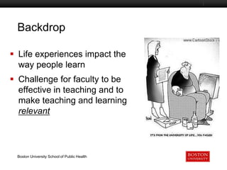 Backdrop
Boston University Slideshow Title Goes Here

 Life experiences impact the
way people learn
 Challenge for faculty to be
effective in teaching and to
make teaching and learning
relevant

Boston University School of Public Health

 