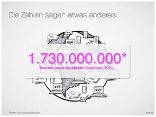 Die Zahlen sagen etwas anderes:




                 1.730.000.000*                               6

                           *Internet users worldwide (September 2009).




Quelle: www.royal.pingdom.com                                            Slide 36
 
