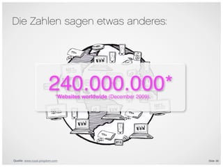 Die Zahlen sagen etwas anderes:




                       240.000.000*                         6

                           *Websites worldwide (December 2009).




Quelle: www.royal.pingdom.com                                     Slide 36
 