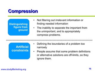 Compression Distinguishing figure from ground Artificial constraints Not filtering out irrelevant information or finding needed information The inability to separate the important from the unimportant, and to appropriately compress problems.  Defining the boundaries of a problem too narrowly People assume that some problem definitions or alternative solutions are off-limits, so they ignore them. 