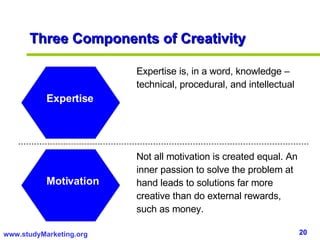Three Components of Creativity Expertise Motivation Expertise is, in a word, knowledge – technical, procedural, and intellectual Not all motivation is created equal. An inner passion to solve the problem at hand leads to solutions far more creative than do external rewards, such as money. 