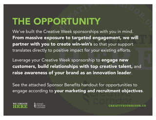 CR
E
ATIVECORRIDOR
.CO
WE CREATE
HERE
CONTRIBUTORS SO FAR
Kirkwood Community College
The University of Iowa
Corridor Business Journal
The Gazette Company
Cedar Rapids Metro Economic Alliance
Iowa City Area Chamber of Commerce
Iowa City Area Development Group
The City of Iowa City
Pearson
Brand Driven Digital
Sculpt
TruArt
BocceBall Creative Studio
FreskLabs
The Solesbee Group
Vault Coworking
 