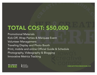 CR
E
ATIVECORRIDOR
.CO
WE CREATE
HERE
THE ASK
We’re looking for partners who believe in this place, our growing
creative community here and the idea of strength in numbers.
We’re approaching you because we think you personify our region’s
values of Innovation, Collaboration, Imagination and Creativity.
We’re asking you to join our team by jumping in to help us design
and build the first and coolest festival of ideas Iowa has ever seen.
 