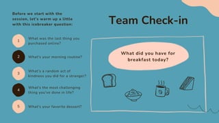 What did you have for
breakfast today?
Team Check-in
Before we start with the
session, let's warm up a little
with this icebreaker question:
1
5
3
2
4
What was the last thing you
purchased online?
What's your favorite dessert?
What's your morning routine?
What's the most challenging
thing you've done in life?
What’s a random act of
kindness you did for a stranger?
 