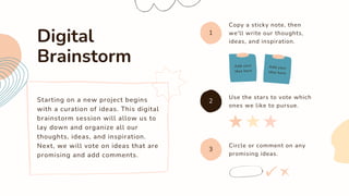 Starting on a new project begins
with a curation of ideas. This digital
brainstorm session will allow us to
lay down and organize all our
thoughts, ideas, and inspiration.
Next, we will vote on ideas that are
promising and add comments.
Digital
Brainstorm
Copy a sticky note, then
we'll write our thoughts,
ideas, and inspiration.
1
3
2
Use the stars to vote which
ones we like to pursue.
Circle or comment on any
promising ideas.
 