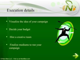 Visualize the idea of your campaign  Decide your budget Hire a creative team Finalize mediums to run your campaign Execution details 