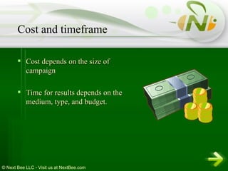 Cost depends on the size of campaign Time for results depends on the medium, type, and budget. Cost and timeframe 