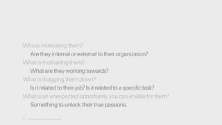 17 A License for Creative Advocacy
Who is motivating them?
Are they internal or external to their organization?
What is motivating them?
What are they working towards?
What is dragging them down?
Is it related to their job? Is it related to a specific task?
What is an unexpected opportunity you can enable for them?
Something to unlock their true passions.
 