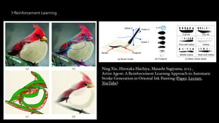 Reinforcement Learning
Ning Xie, Hirotaka Hachiya, Masashi Sugiyama, 2013 ,  
Artist Agent: A Reinforcement Learning Approach to Automatic
Stroke Generation in Oriental Ink Painting (Paper, Lecture,
YouTube)
 