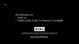 AI
All references to:
- Arxiv or
- GitXiv if the “code” or “dataset” is available
Collaborative Open Computer Science
more info (Medium)
 