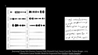Junyoung Chung, Kyle Kastner, Laurent Dinh, Kratarth Goel, Aaron Courville, Yoshua Bengio , 2015.  
A Recurrent Latent Variable Model for Sequential Data (GitXiv) (Audio Samples)
 