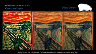 Creative AI > a “brush” > data
Deep Dream
Roelof Pieters, 2015 DeepDream - Overview of standard bvlc googlenet (inception) layers (link)
Constrain Layers
 