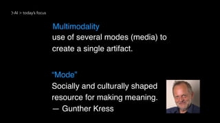AI > today’s focus
use of several modes (media) to
create a single artifact.
Multimodality
“Mode”
Socially and culturally shaped
resource for making meaning.
— Gunther Kress
 