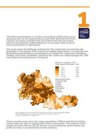 1
We work across the Midlands and beyond. Our catchment area includes the
postcodes in the bottom 30% of areas of multiple deprivations. For example, the
Birmingham parliamentary constituencies of Hodge Hill, Ladywood, Erdington,
Yardley, Hall Green, Northfield, and Perry Barr which are rated amongst the 10%
most deprived constituencies in England.
These constituencies have very large populations of Black and Minority Ethnic
Communities as well as working class white communities. The majority of the
people we work with are 18-25. We are a social enterprise which means any
profit we make is invested back into the company.
We believe passionately in creating a level playing field where every
young person has the opportunity to reach their potential and thrive.
Courses are aimed at people that are furthest from the job market,
who are unemployed, underemployed or in low paid work at risk of
future automation or redundancy.
 