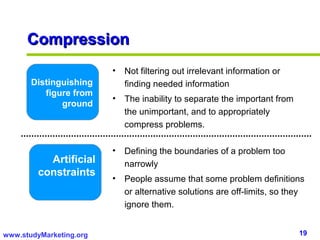 Compression
                         •   Not filtering out irrelevant information or
       Distinguishing        finding needed information
          figure from
                         •   The inability to separate the important from
              ground
                             the unimportant, and to appropriately
                             compress problems.

                         •   Defining the boundaries of a problem too
           Artificial        narrowly
         constraints
                         •   People assume that some problem definitions
                             or alternative solutions are off-limits, so they
                             ignore them.


www.studyMarketing.org                                                      19
 