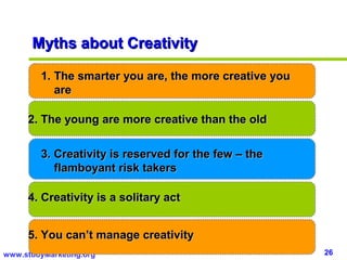Myths about Creativity

         1. The smarter you are, the more creative you
            are

     2. The young are more creative than the old


         3. Creativity is reserved for the few – the
            flamboyant risk takers

     4. Creativity is a solitary act


     5. You can’t manage creativity
www.studyMarketing.org                                   26
 