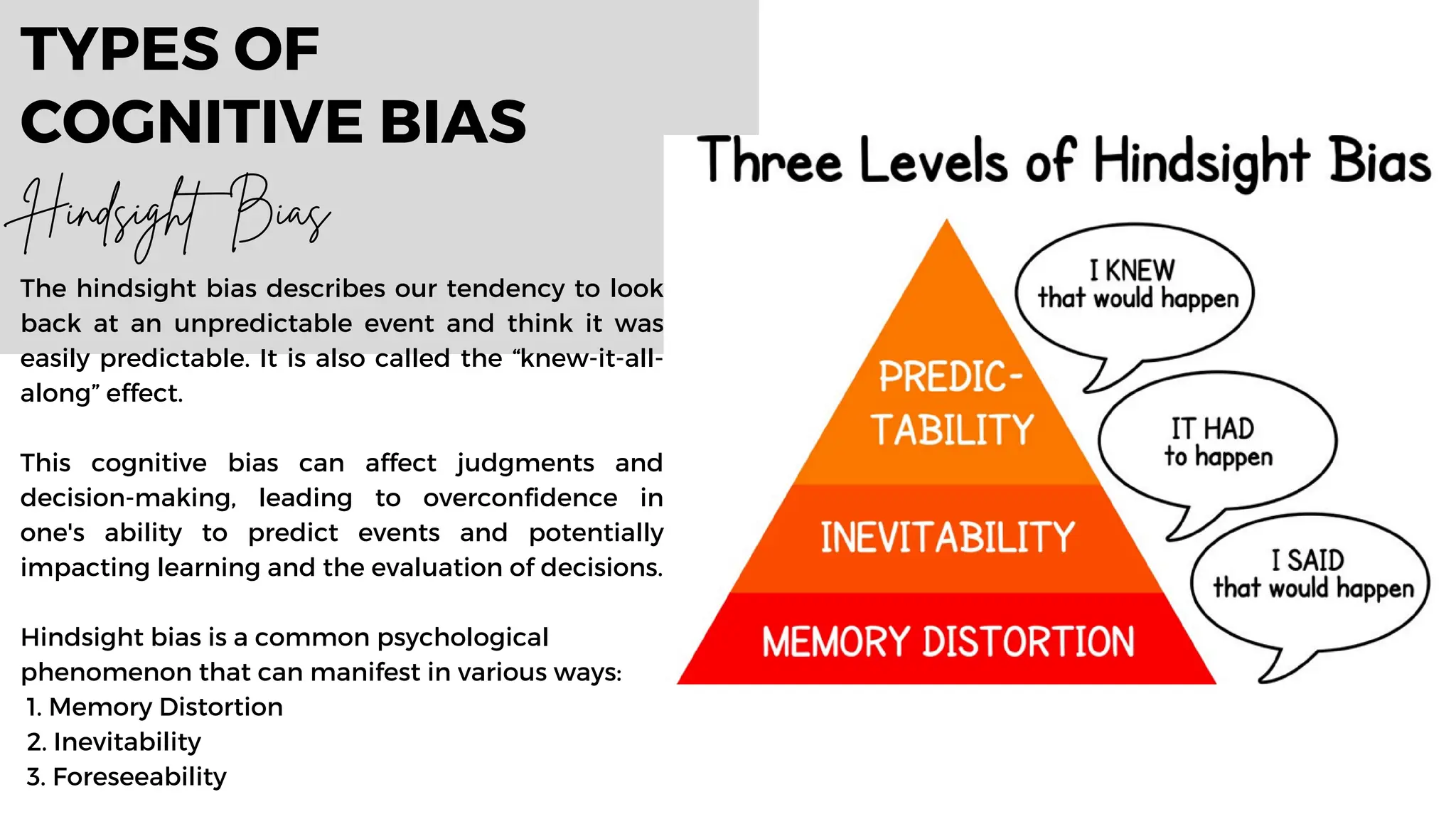 TYPES OF
COGNITIVE BIAS
The hindsight bias describes our tendency to look
back at an unpredictable event and think it was
easily predictable. It is also called the “knew-it-all-
along” effect.
This cognitive bias can affect judgments and
decision-making, leading to overconfidence in
one's ability to predict events and potentially
impacting learning and the evaluation of decisions.
Hindsight bias is a common psychological
phenomenon that can manifest in various ways:
1. Memory Distortion
2. Inevitability
3. Foreseeability
Hindsight Bias
 