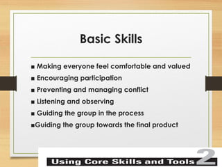 Basic Skills 
■ Making everyone feel comfortable and valued 
■ Encouraging participation 
■ Preventing and managing conflict 
■ Listening and observing 
■ Guiding the group in the process 
■Guiding the group towards the final product 
 