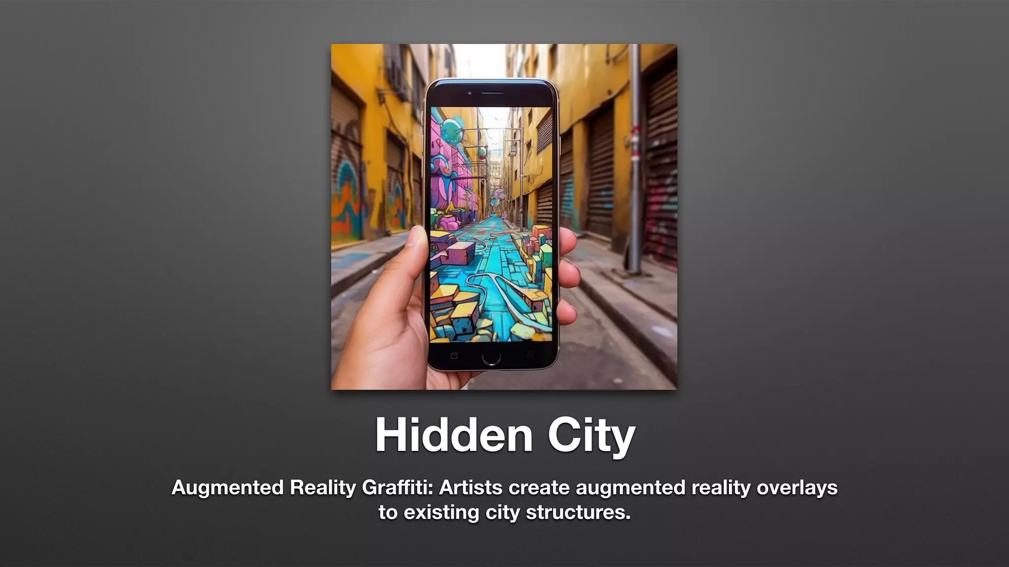 Hidden City
Augmented Reality Graﬃti: Artists create augmented reality overlays
to existing city structures.
 
