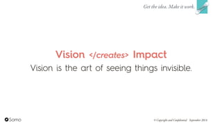 Vision </creates> Impact
Vision is the art of seeing things invisible.
Get the idea. Make it work.
© Copyright and Confidential September 2014
 