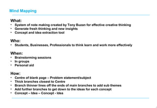 What:
• System of note making created by Tony Buzan for effective creative thinking
• Generate fresh thinking and new insights
• Concept and idea extraction tool
Who:
• Students, Businesses, Professionals to think learn and work more effectively
When:
• Brainstorming sessions
• In groups
• Personal aid
How:
• Centre of blank page – Problem statement/subject
• Thick branches closest to Centre
• Branch thinner lines off the ends of main branches to add sub themes
• Add further branches to get down to the ideas for each concept
• Concept – Idea – Concept - Idea
Mind Mapping
 