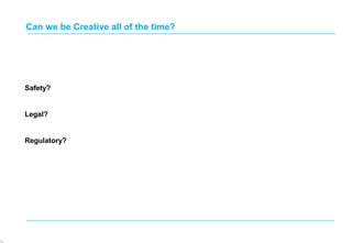Can we be Creative all of the time?
Safety?
Legal?
Regulatory?
 
