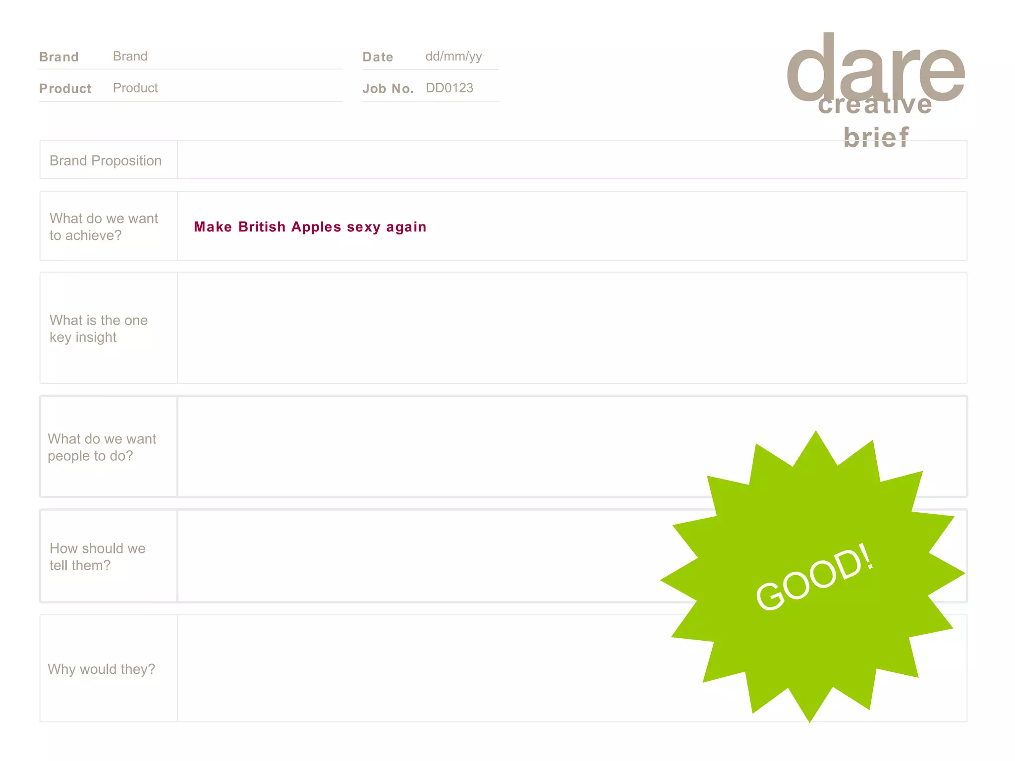 Product Brand dd/mm/yy DD0123 GOOD! Brand Proposition Why would they? What do we want people to do? How should we tell them? What is the one key insight Make British Apples sexy again What do we want to achieve? 