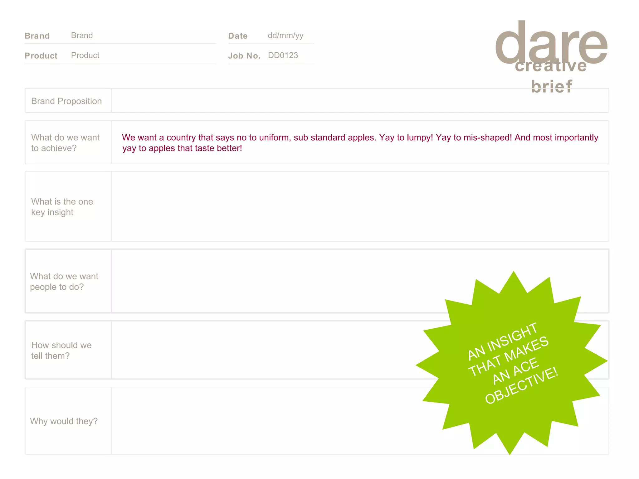 Product Brand dd/mm/yy DD0123 AN INSIGHT THAT MAKES AN ACE OBJECTIVE! Brand Proposition Why would they? What do we want people to do? How should we tell them? What is the one key insight We want a country that says no to uniform, sub standard apples. Yay to lumpy! Yay to mis-shaped! And most importantly yay to apples that taste better! What do we want to achieve? 