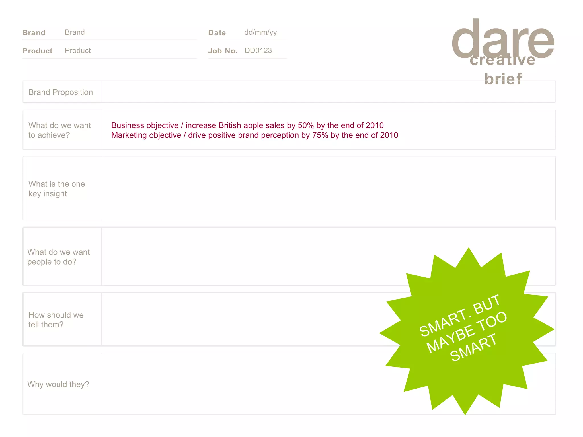 Product Brand dd/mm/yy DD0123 SMART. BUT MAYBE TOO SMART Brand Proposition Why would they? What do we want people to do? How should we tell them? What is the one key insight Business objective / increase British apple sales by 50% by the end of 2010 Marketing objective / drive positive brand perception by 75% by the end of 2010 What do we want to achieve? 