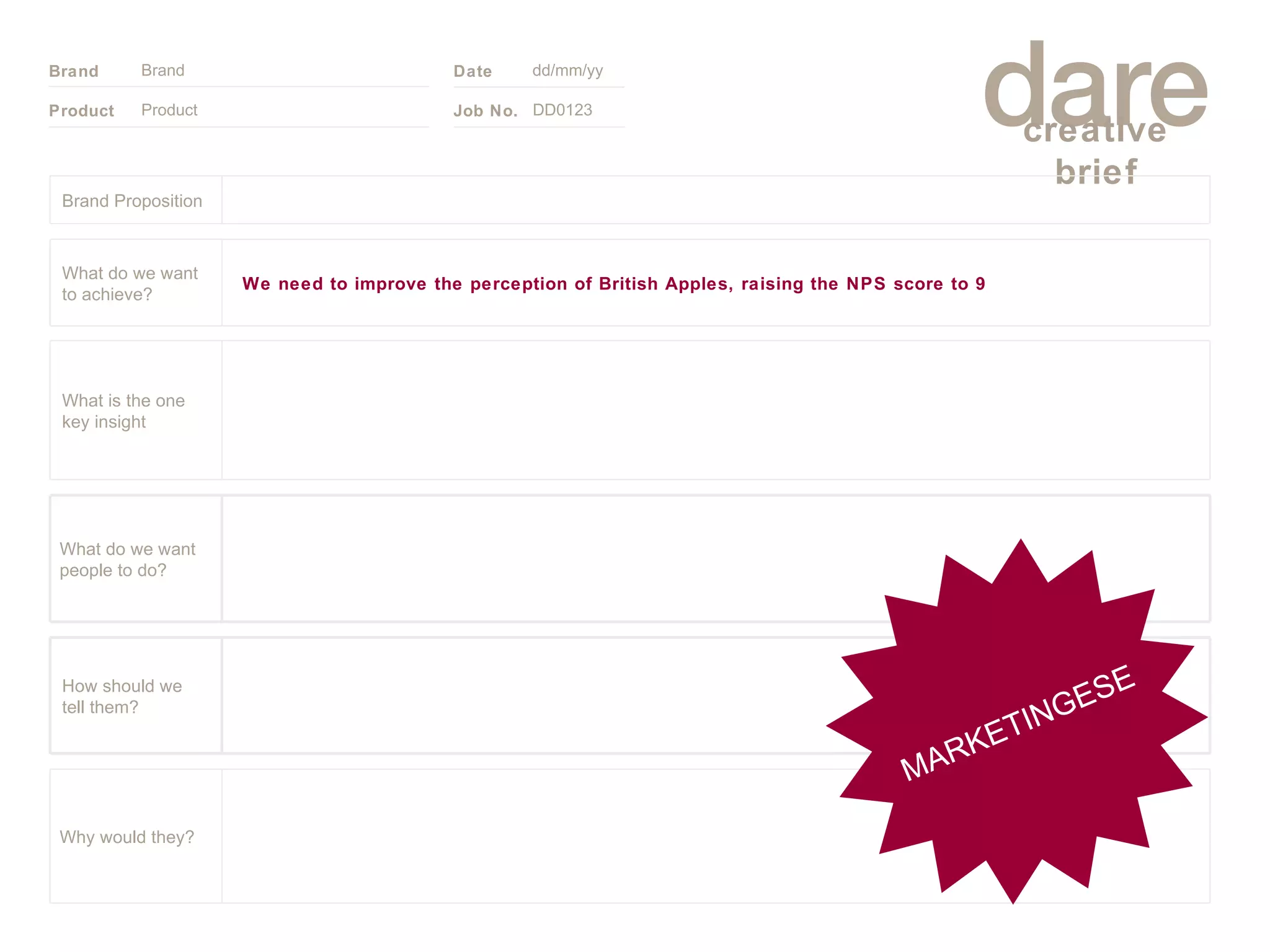 Product Brand dd/mm/yy DD0123 MARKETINGESE Brand Proposition Why would they? What do we want people to do? How should we tell them? What is the one key insight We need to improve the perception of British Apples, raising the NPS score to 9 What do we want to achieve? 