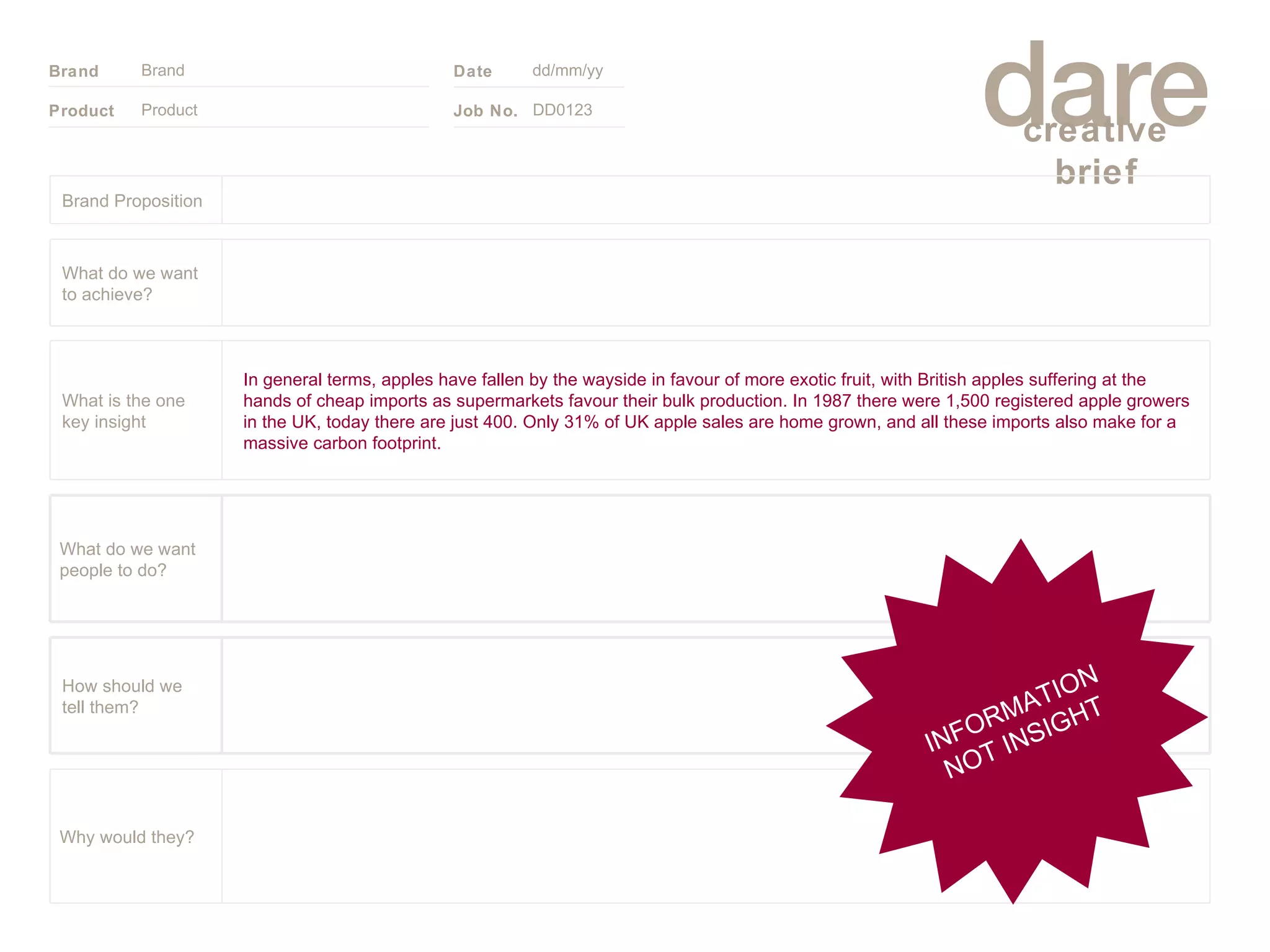 Product Brand dd/mm/yy DD0123 INFORMATION NOT INSIGHT Brand Proposition Why would they? What do we want people to do? How should we tell them? In general terms, apples have fallen by the wayside in favour of more exotic fruit, with British apples suffering at the hands of cheap imports as supermarkets favour their bulk production. In 1987 there were 1,500 registered apple growers in the UK, today there are just 400. Only 31% of UK apple sales are home grown, and all these imports also make for a massive carbon footprint. What is the one key insight What do we want to achieve? 