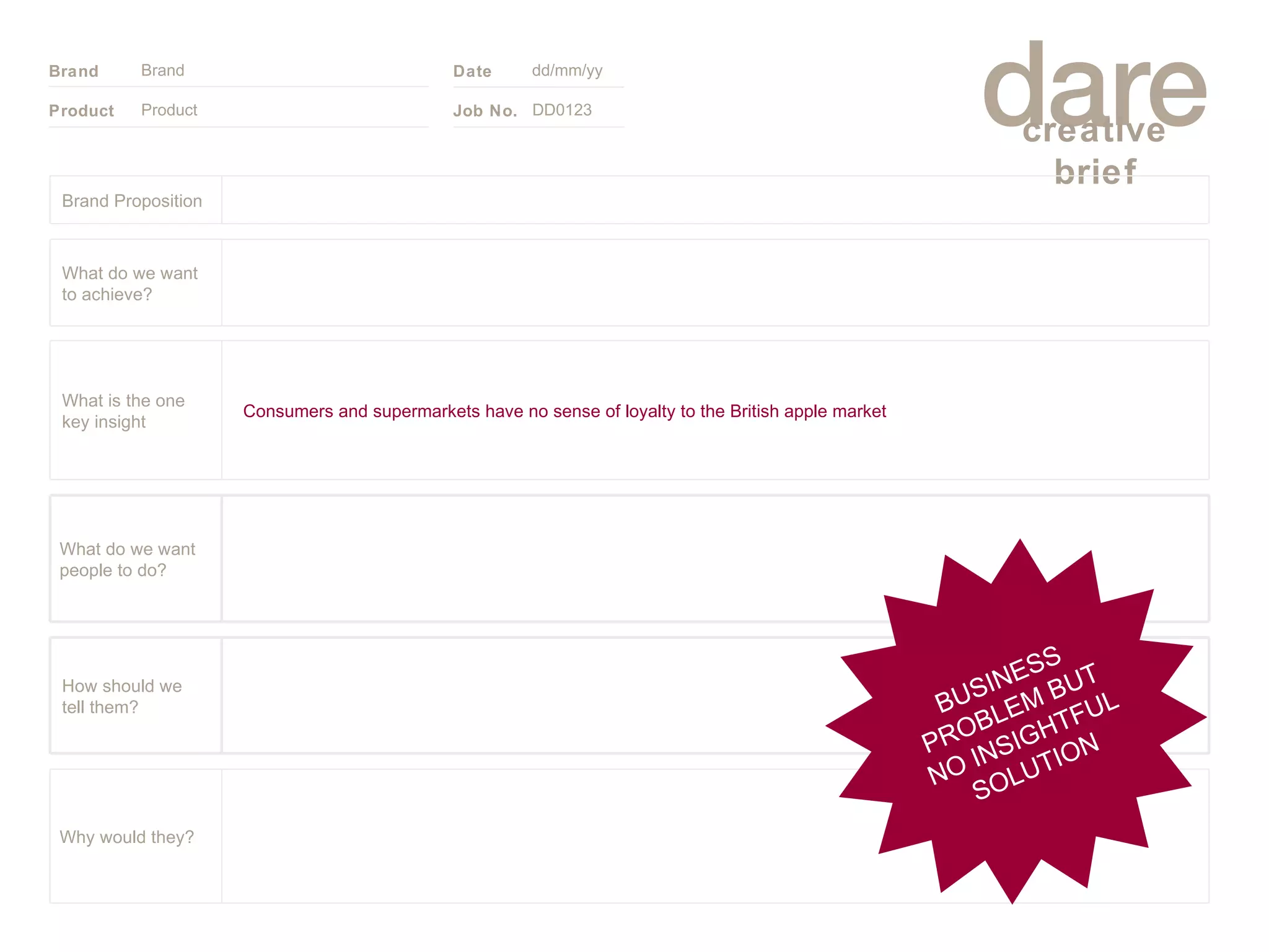 Product Brand dd/mm/yy DD0123 BUSINESS PROBLEM BUT NO INSIGHTFUL SOLUTION Brand Proposition Why would they? What do we want people to do? How should we tell them? Consumers and supermarkets have no sense of loyalty to the British apple market What is the one key insight What do we want to achieve? 