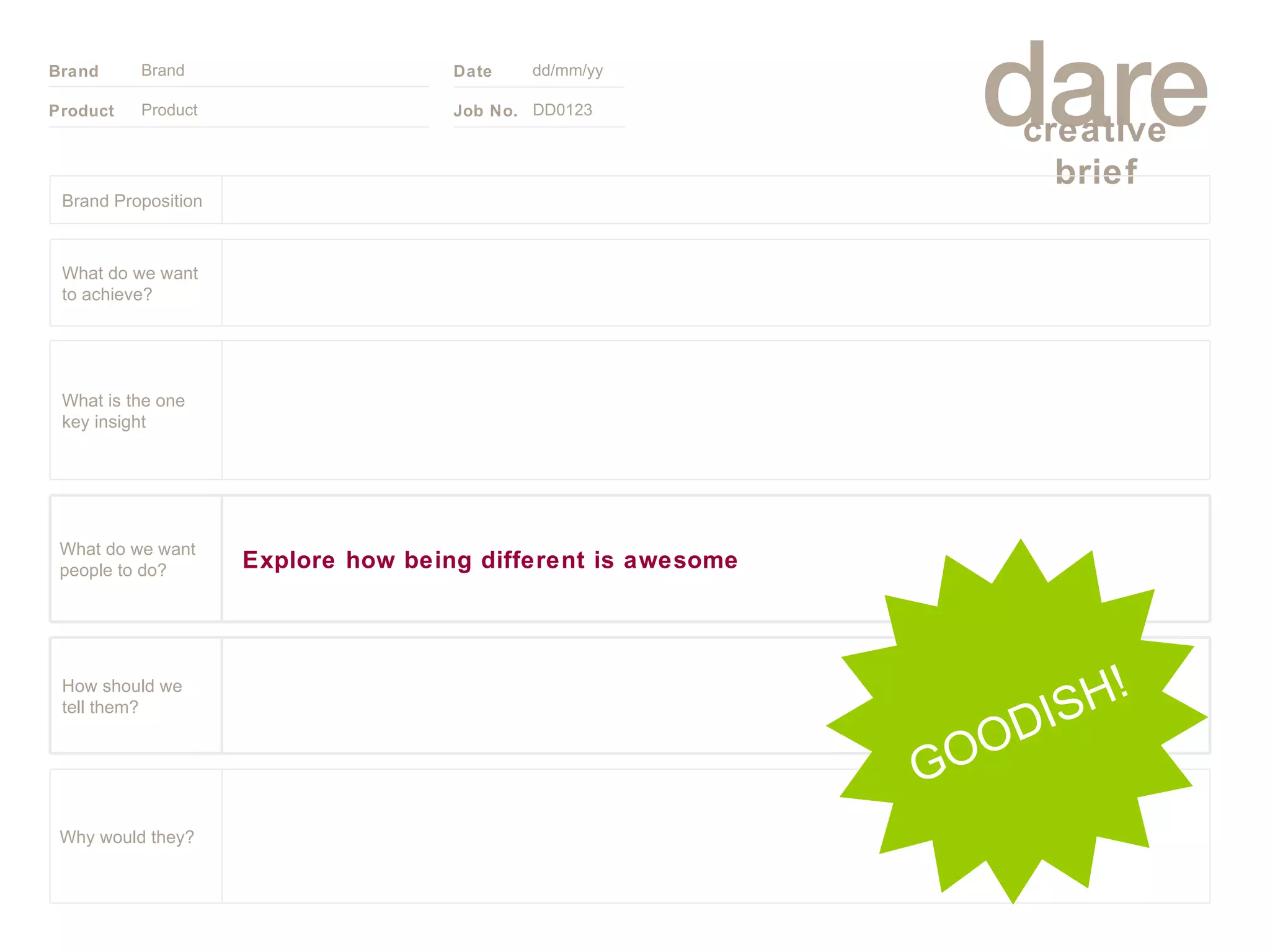 Product Brand dd/mm/yy DD0123 GOODISH! Brand Proposition Why would they? Explore how being different is awesome What do we want people to do? How should we tell them? What is the one key insight What do we want to achieve? 