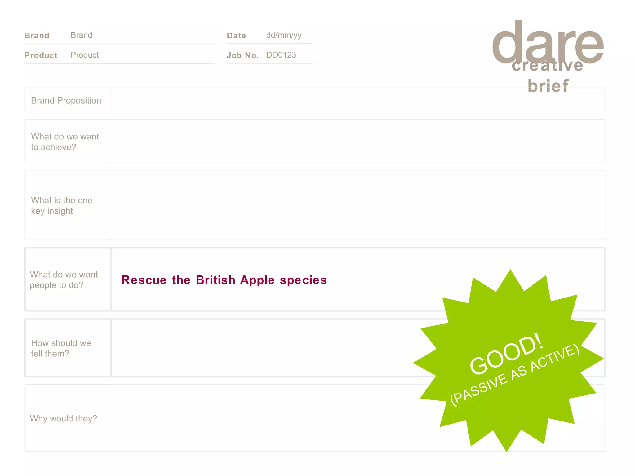 Product Brand dd/mm/yy DD0123 GOOD! (PASSIVE AS ACTIVE) Brand Proposition Why would they? Rescue the British Apple species What do we want people to do? How should we tell them? What is the one key insight What do we want to achieve? 
