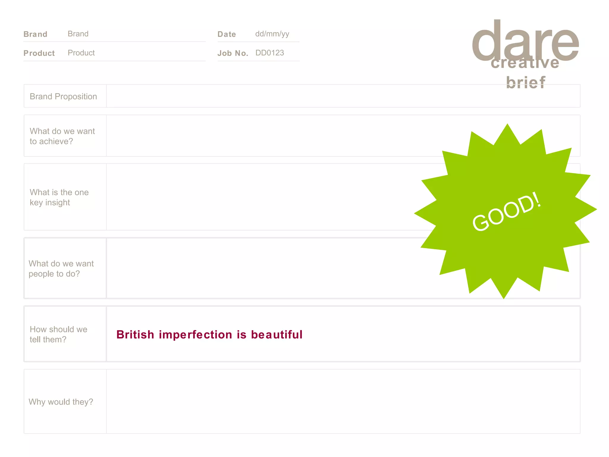 Product Brand dd/mm/yy DD0123 GOOD! Brand Proposition Why would they? What do we want people to do? British imperfection is beautiful How should we tell them? What is the one key insight What do we want to achieve? 